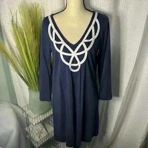 Lilly Pulitzer Large Navy Blue Blair Dress V-Neck 3/4 Sleeves Knee Length Dress